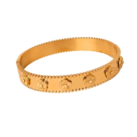 Vintage Flower Embossed Bangle Titanium Steel Gold Plated Beaded Edge Jewelry For Women Luxury Elegant