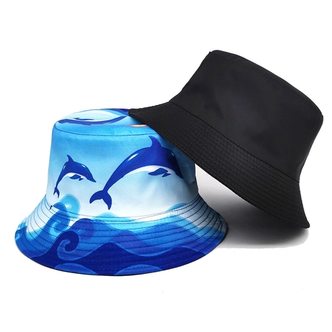 Bucket Hat Dolfijn Golf Print Omkeerbaar Polyester Zonbescherming Buiten Strand Zomer Reizen Retro Vissershoed