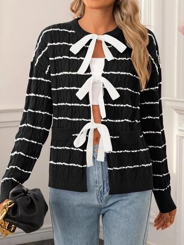Cardigan In Maglia Di Poliestere A Righe Da Donna Maglione Trecce Chiusura Con Fiocco Maniche Lunghe Casual