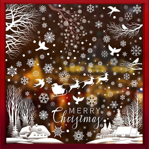 Christmas Window Stickers Static Cling PVC Snowflakes Reindeer Bird House Glass Decoration Winter Holiday Festive Decor