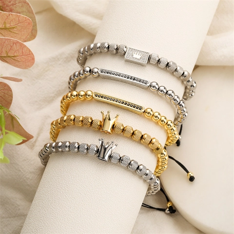 Retro Krone Perlenarmband Edelstahl Kupfer Zirkonia Verstellbar Geflochtenes Seil Unisex Schmuck