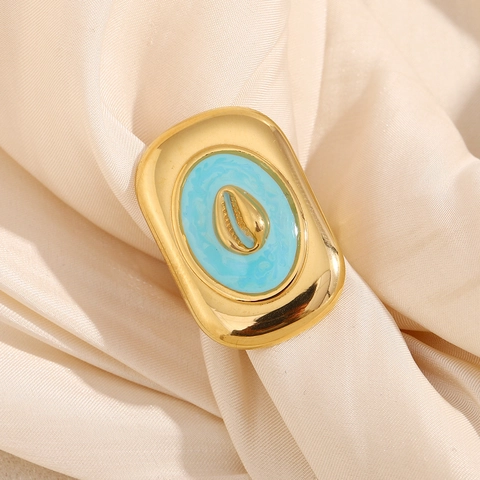Conch Shell Square Open Ring 18K Gold Plated 316L Stainless Steel Light Blue Enamel Chunky Bohemian Ocean Style Women