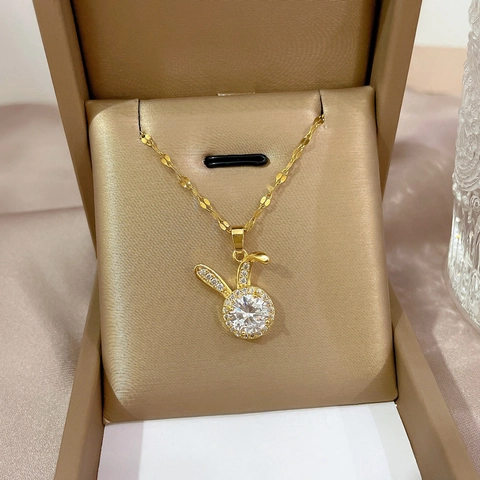 Collana In Acciaio Al Titanio E Rame Con Pendente A Forma Di Coniglio In Zircone Gioiello Elegante Per Donna