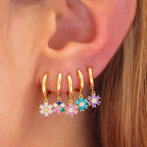 Flower Dangle Hoop Earrings Colorful Zircon Inlaid Copper Gold Plated French Vintage Jewelry For Women