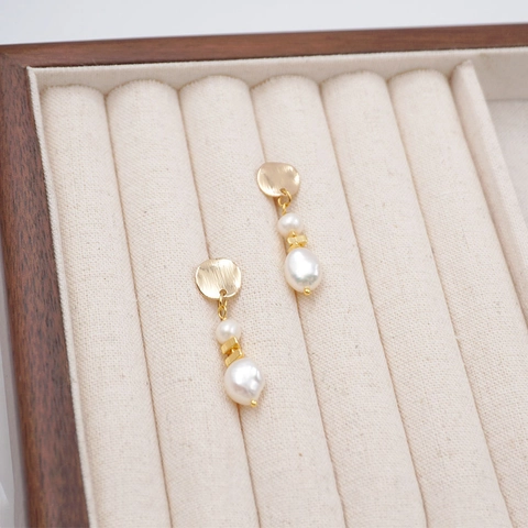 Barock Süßwasserperlen Ohrhänger Damen Vintage Gold Gebürstet Disk Geometrische Hängeohrringe Handgefertigt Schmuck Geschenk