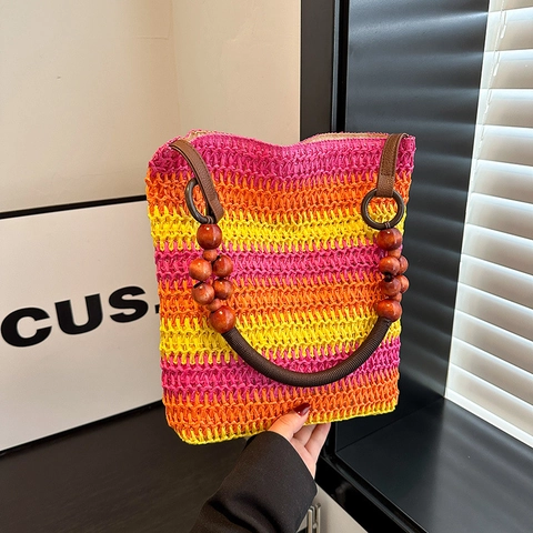 Borsa Tote In Paglia Intrecciata Da Donna Con Manico In Perle Di Legno Strisce Arcobaleno Vacanze Al Mare Estive