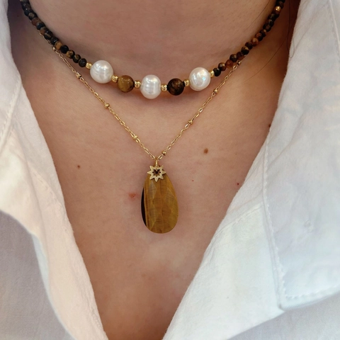 Stainless Steel Tiger Eye Stone Necklace For Women Gold Plated Natural Stone Teardrop Rectangle Pendant Handmade Jewelry