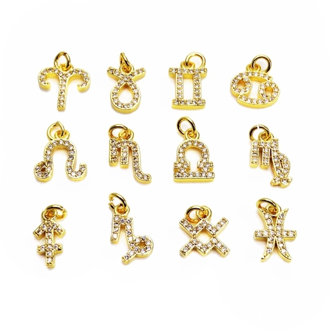 Tiny Gold Copper Zodiac Sign Charms Pendants With Micro Pave Zircon For DIY Jewelry Making Necklace Bracelet For Women