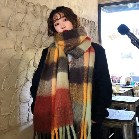 Damen Regenbogen Plaid Quasten Schal Dick Warm Winter Kariert Übergroß Strick Schultertuch Weich Gebürstet Mode Halswärmer