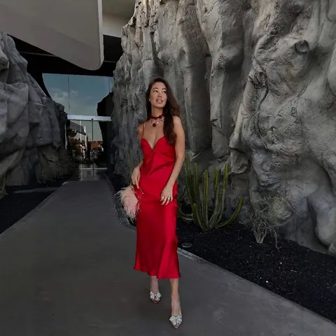 Vestido Midi De Satén Sin Mangas Cuello En V Tirantes Finos Color Sólido Ajuste Delgado Elegante Vestido De Fiesta Para Mujeres