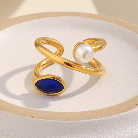 Anillo Abierto Asimétrico Vintage De Acero Inoxidable Chapado En Oro De 18K Con Imitación De Perla Artificial Y Piedra Azul