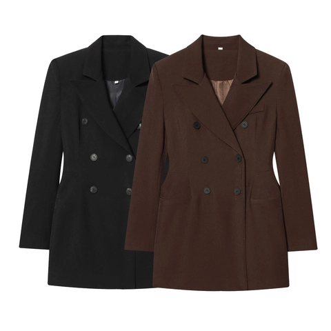 Dames Double-Breasted Blazer Jas Jurk Polyester Twill Revers Lange Mouwen Effen Kleur Kantoor Mode Halflang