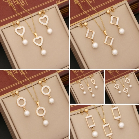 Collana E Orecchini Gioielli Acciaio Inossidabile Perla Artificial Sintetica Rhinestone Cuore Geometrico Elegante Donne