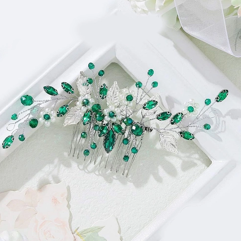 Pettine per Capelli a Foglia di Cristallo Verde Smeraldo per Sposa Lega Argento Strass Perla Artificiale Gioielli Matrimonio