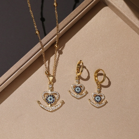 Boze Oog Hart Anker Sieraden Ketting En Oorbel Koper Verguld Met Zirkoon Trendy Ins Stijl Voor Vrouwen