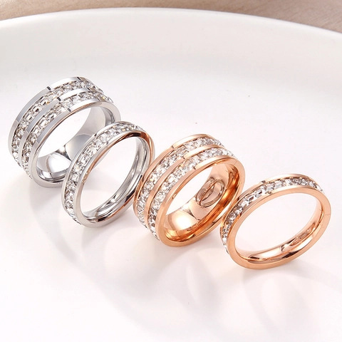 Fashion 304 Stainless Steel Rhinestone Eternity Band Ring For Women Single Double Row Full Drill Gold Silver Rose Gold Finger Ring Jewelry Gift