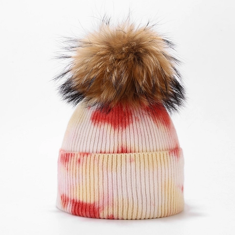 Bonnet En Tricot Pour Femmes Tie Dye Hiver Chaud Côtelé Avec Pompon En Fausse Fourrure Amovible