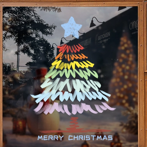 Pegatina Ventana Árbol Navidad Estática PVC Doble Cara Colorido Estilo Dibujado Mano Decoración Cristal Fiesta