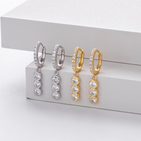 Elegante 925 Sterling Zilveren Hanger Oorbellen Met Drievoudige Zirconia Druppel Minimalistische Mode Oorsieraden Voor Dames
