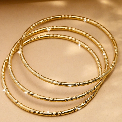 Bohemian 24K Gold Plated Brass Textured Bangle For Women Fashion Geometric Round Thin Bracelet Jewelry For Wedding Daily Gift