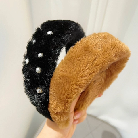 Plush Faux Mink Fur Headband Soft Wide Solid Color Hair Hoop With Faux Artificial Pearls For Women Face Washing Korean Style