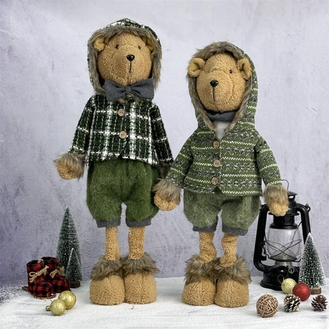 Orsetto Di Peluche Natalizio Con Gambe Telescopiche Vestito In Maglia A Quadri Verdi Decorazione Per Finestra E Casa