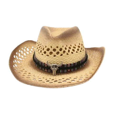 Western Cowboy Straw Hat Vintage Hollow Out Wide Brim Beach Sun Protection With Ethnic Band Metal Bull Head For Summer