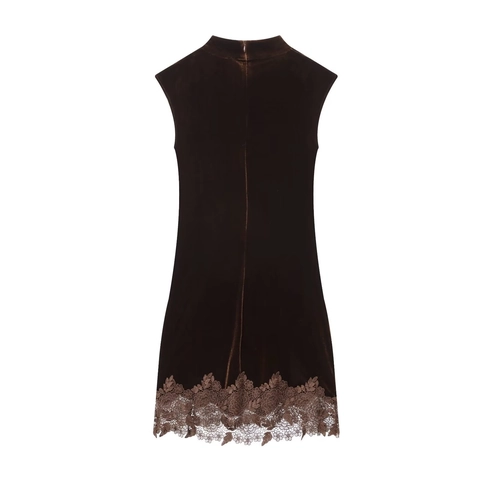 Vestito Mini In Velluto Senza Maniche Collo Alto Lato Arricciato Pizzo Orlo Elegante Aderente Per Donne Caffè