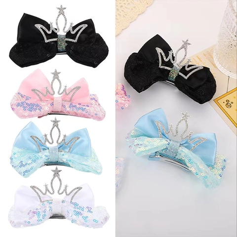 Pinza Para El Pelo Con Lazo Para Niñas Con Corona De Diamantes De Imitación Lentejuelas Satén Horquilla Princesa Fiesta Elegante