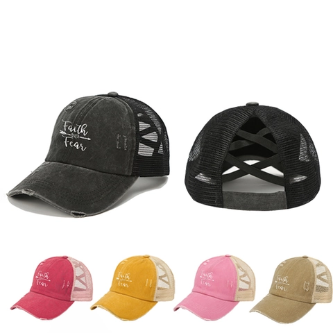 Faith Over Fear Paardenstaart Honkbalpet Distressed Gewassen Katoen Mesh Trucker Hat Cross Back Dames Zonnehoed