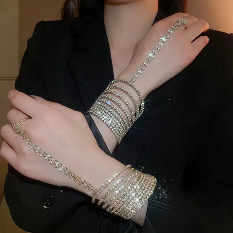 Multi Layer Rhinestone Slave Bracelet And Ring Copper Wrap Luxury Wedding Party Evening Jewelry For Women