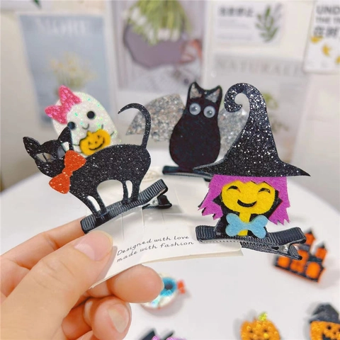 Fermagli Per Capelli Halloween Tessuto Glitter Feltro Fantasma Pipistrello Zucca Ragno Accessori Per Feste Bambine