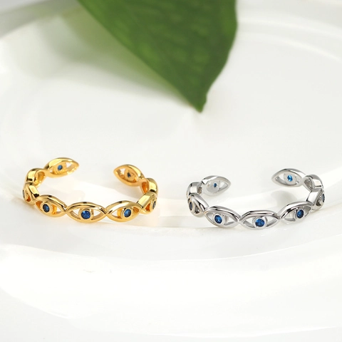 Evil Eye Offener Ring Kupfer Versilbert Blau Zirkonia Verstellbar Glücksamulett Boho Schmuck Für Damen Mode Accessoire