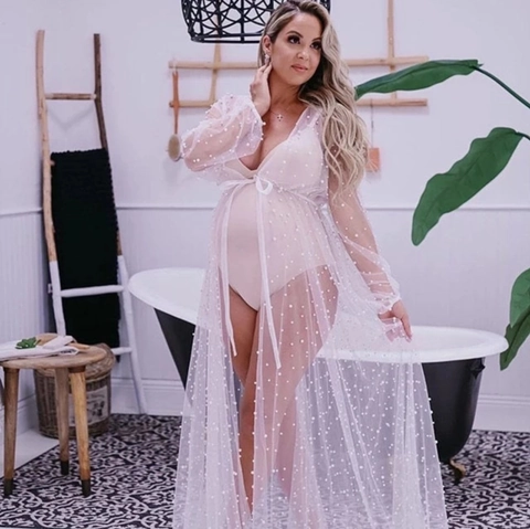 Women Plus Size Long Sheer Mesh Robe Maternity Photography Sexy Artificial Pearls Embellished Beach Cover Up Robe For Women