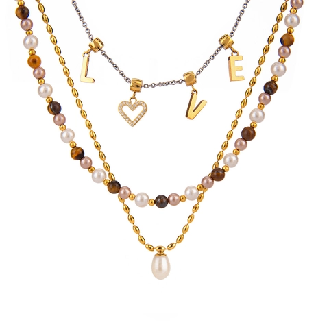Layered Stainless Steel Necklace Freshwater Pearl Tiger Eye Stone Love Letter Heart Pendant Waterproof Jewelry For Women