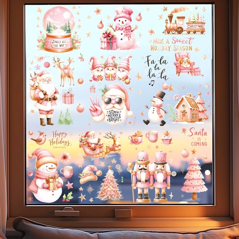 Pegatinas Navideñas Para Ventanas Estáticas De PVC Impermeables Acuarela Rosa Pastel Papá Noel Muñeco De Nieve Calcomanías