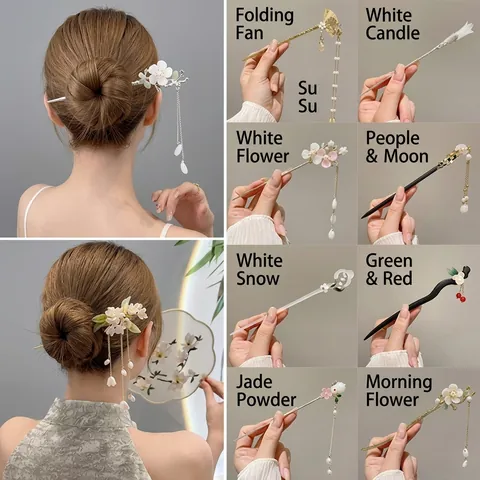 Vintage Chinese Style Wood Hair Stick Handmade Alloy Floral Tassel Hairpin With Artificial Pearl For Women Hanfu Hair Accessories