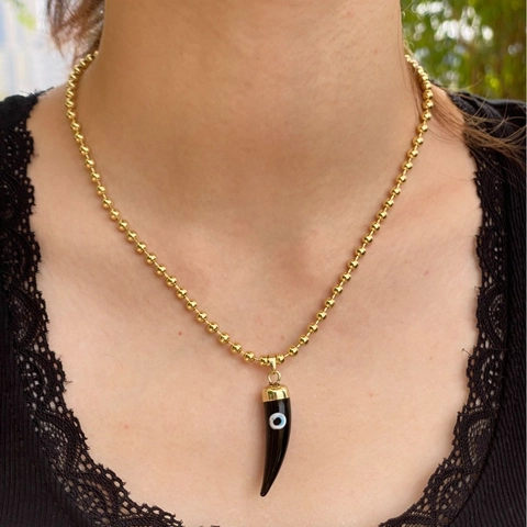 Collana Multistrato in Rame Placcato Oro di Lusso per Donna AAA Zirconia Farfalla Malocchio Ciondolo Corno Nero Gioielli
