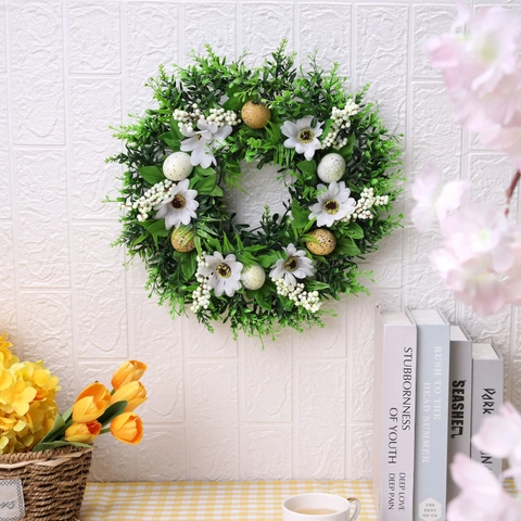 Corona De Pascua Artificial Colgante De Puerta Con Gnomo Orejas De Conejo Huevos Moteados Margaritas Plástico Tela