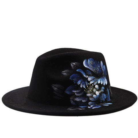 Handgeschilderde Blauwe Bloem Fedora Hoed Brede Rand Katoen Polyester Jazz Cap Heren Dames Artistiek