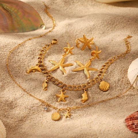 Joyas De Océano Estrella De Mar Concha Collar Pendientes Anillo Pulsera Acero Inoxidable Chapado En Oro Para Mujeres