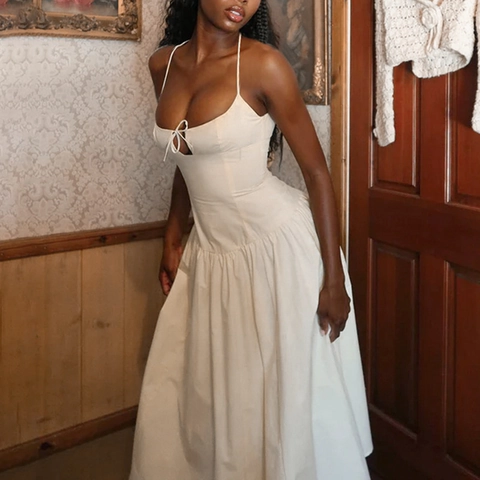 Women Halter Maxi Dress Polyester Spandex Hollow Out Tie Front Backless Sexy French Vintage High Waist A-Line Sleeveless