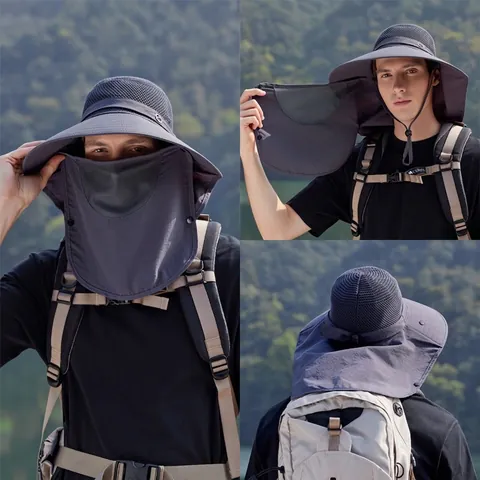 Men Outdoor Sun Hat Wide Brim UV Protection Fishing Hat With Detachable Face Mask Neck Flap Breathable Mesh Polyester