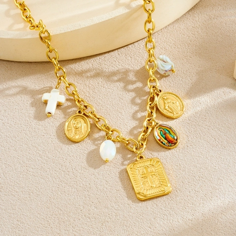 Religieuze Maagd Maria Kruis Hanger Ketting En Armband Roestvrij Staal Verguld Medaillon Vintage Katholieke Stijl Vrouwen