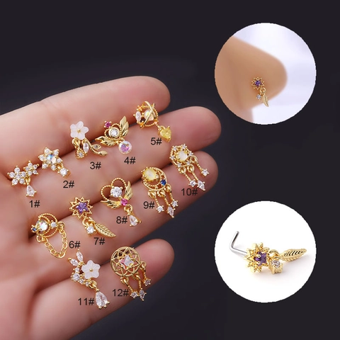 316 Stainless Steel L-Shaped Nose Stud Piercing Jewelry With Colorful Zircon Dangle Heart Star Moon Flower Pendant