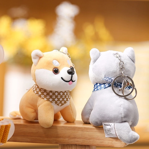 Cartoon Hund Plüsch Schlüsselanhänger Shiba Inu Husky Weicher Tier Taschenanhänger Mit Gemustertem Schal Süße Puppe