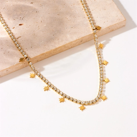 Vergoldete Edelstahl Halskette Mit Sternanhänger Und Funkelnder Strass Tennis Kette Modeschmuck Für Damen