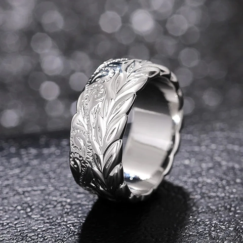 Vintage Blad Rank Gesneden Koperen Ring Brede Band Witgoud Verguld Hawaïaanse Stijl Huwelijksverjaardag Cadeau Voor Vrouwen