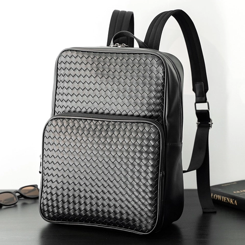 Mochila De Cuero PU Tejido Hombre Gran Capacidad Negocios Viaje Moda Bolsa Para Laptop Estilo Retro Negro