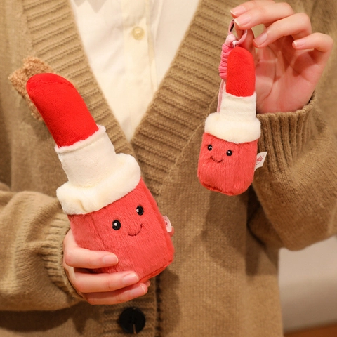 Creative Lipstick Shape Plush Toy Soft Short Plush Smiling Face Decorative Bag Pendant Keychain Gift